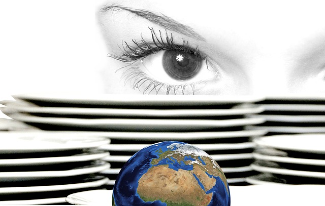 Das Auge einer Frau, Teller und die Erde im Vordergrund